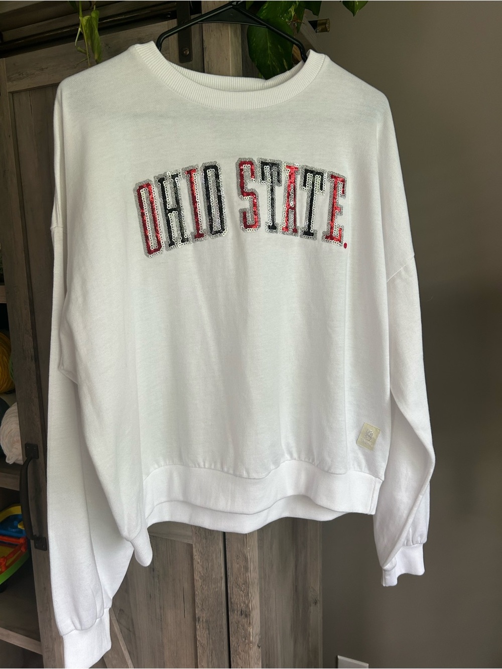 Pressbox White Ohio State Sequin Logo Sweatshirt